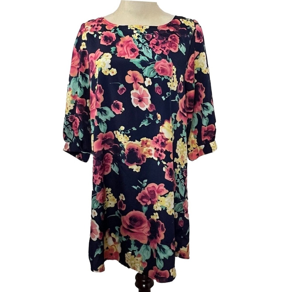 Everly Floral Shift Dress Womens Medium Navy Blue Pink Elbow Sleeve Mini D5488